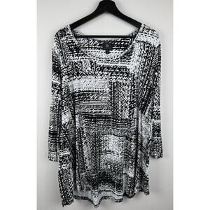 JM Collection Top Womens Size 3X Black White 3/4 Sleeve Artsy Metallic Stretch